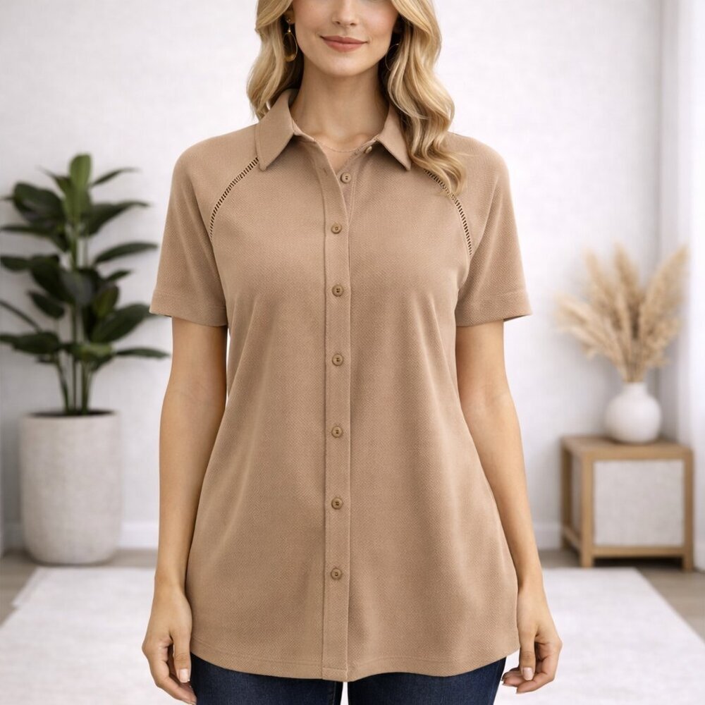 Attitudes by Renee Button Front Ladder Lace Tunic Top Tan XXS